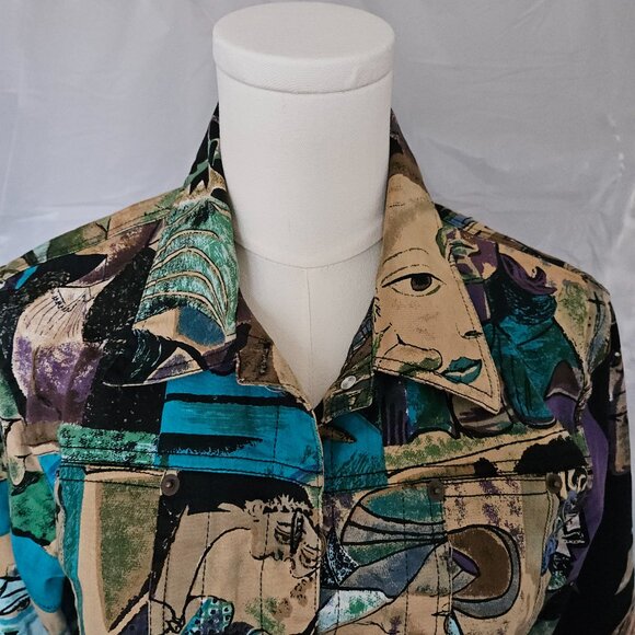 Kaktus Abstract Art Print Button Jacket – Picasso Style Faces – Multicolor - Picture 3 of 9